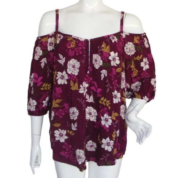 TORRID Camisole Top, 2/2X, Floral on Berry, Spag straps, Cold shoulder, 3/4 slvs - Picture 1 of 11